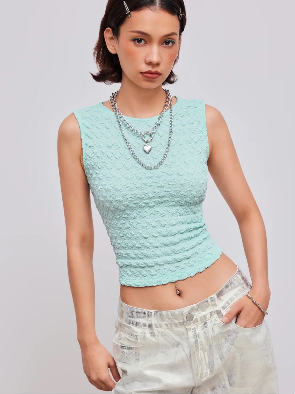 Cider Mint Green Blue Textured Round Neck Crop Tank Top